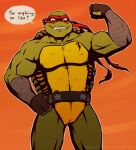  arm_wraps bandage barazoku belt biceps big_muscles clothing english_text flexing flexing_bicep gloves green_body green_skin handwear looking_at_viewer male mask msobscure muscular muscular_male orange_background pecs raphael_(tmnt) reptile scales scalie shell simple_background smile standing teenage_mutant_ninja_turtles teeth text triceps turtle turtles_take_time_(and_space) wraps 