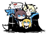 2boys 2girls arknights bangs black_jacket blonde_hair blue_eyes blue_scarf brown_hair chibi commentary_request durin_(arknights) full_body horns jacket lightb96672536 lizardman long_sleeves mole mole_under_eye multiple_boys multiple_girls no_mask noir_corne_(arknights) open_clothes open_jacket pointy_ears rangers_(arknights) red_eyes scarf simple_background single_horn standing star_(symbol) white_background white_eyes yato_(arknights) 