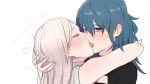  2girls arm_around_neck bare_arms black_shirt blue_eyes blue_hair blush byleth_(fire_emblem) byleth_(fire_emblem)_(female) closed_eyes edelgard_von_hresvelg fire_emblem fire_emblem:_three_houses french_kiss hair_down hand_in_another&#039;s_hair heart kiss long_hair looking_at_another multiple_girls open_mouth portrait ribbed_sweater shiny shiny_hair shirt sketch sleeveless sleeveless_sweater straight_hair sweater tongue tongue_out white_background white_hair white_sweater yukiyanagi_raki yuri 