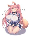  &gt;_&lt; 1girl absurdres animal_ear_fluff animal_ears bangs black_choker blue_jacket breasts choker closed_eyes collarbone english_commentary fang fate/extra fate_(series) fox_ears fox_girl fox_tail highres huge_breasts inconvenient_breasts jacket jifuwabe long_hair long_sleeves open_mouth pink_hair seiza shirt sitting skin_fang socks solo sportswear tail tamamo_(fate) tamamo_no_mae_(fate/extra) tearing_up thighs track_jacket twintails wavy_mouth white_background white_shirt white_socks 