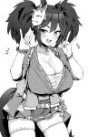  1girl :d absurdres animal_ears bangs blush breasts cleavage collarbone fang fox_shadow_puppet greyscale hands_up highres horse_ears horse_girl horse_tail hotate-chan inari_one_(umamusume) large_breasts long_hair looking_at_viewer mask mask_on_head miniskirt monochrome open_mouth pleated_skirt skirt smile solo tail thighhighs thighs twintails umamusume 