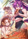 2boys 2girls beach brown_hair closed_mouth cooking eating english_commentary english_text glasses grilling han_daewi hero_cantare heterochromia jin_mori lee_soo-jin long_hair looking_at_another multiple_boys multiple_girls official_art ponytail purple_hair short_hair smile swimsuit the_god_of_high_school yagaaaa yu_mira 