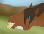  ambiguous_gender banana bite blue_eyes brown_body brown_hair brown_mane digital_media_(artwork) dolero equid equine feral flehmen_response food fruit hair horse mammal mane open_mouth plant simple_background solo teeth theodrekr 