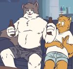  alcohol anthro beer beer_bottle beverage blue_boxers blue_clothing blue_sclera blue_underwear bottle boxers_(clothing) clothed clothing coyotescum duo fur furniture grey_body grey_boxers grey_clothing grey_fur grey_underwear heyitscousindave hi_res holding_beverage holding_bottle holding_object inside male open_mouth orange_body orange_fur pattern_boxers pattern_clothing pattern_underwear pink_nose shirt sofa teeth_showing tongue_showing topless topwear underwear v-neck_shirt white_body white_clothing white_fur white_shirt white_topwear white_v-neck 