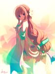  1girl absurdly_long_hair bangs brown_hair dress flower from_side hair_flower hair_ornament highres isumi_(yangyan) light_brown_hair long_hair looking_at_viewer low_ponytail original purple_eyes strapless strapless_dress very_long_hair 