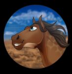  2019 ambiguous_gender blue_eyes brown_body brown_hair brown_mane digital_media_(artwork) dolero equid equine feral hair headshot_portrait hi_res horse jenery looking_up mammal mane portrait simple_background smile solo teeth 