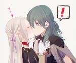  ! 2girls aqua_hair byleth_(fire_emblem) byleth_(fire_emblem)_(female) cape closed_eyes edelgard_von_hresvelg fire_emblem fire_emblem:_three_houses garreg_mach_monastery_uniform gloves grey_background grey_cape grey_eyes hair_ribbon heart kiss long_hair looking_at_another multiple_girls pink_ribbon ribbon shiny shiny_hair short_sleeves spoken_exclamation_mark straight_hair upper_body white_gloves white_hair yukiyanagi_raki yuri 