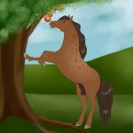  1:1 animal_genitalia apple balls blue_eyes brown_body brown_hair brown_mane brown_tail digital_media_(artwork) dolero equid equine feral fully_sheathed genitals hair hi_res hooves horse leaning_on_tree looking_up male mammal mane on_hind_legs plant sheath simple_background smile solo teeth theodrekr tree 