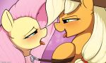  2022 after_kiss applejack_(mlp) blush bodily_fluids digital_media_(artwork) duo earth_pony equid equine eye_contact eyelashes female fluttershy_(mlp) friendship_is_magic green_eyes half-closed_eyes hasbro hi_res horse leash looking_at_another mammal my_little_pony narrowed_eyes open_mouth pony saliva saliva_string tongue tongue_out whiskeypanda 