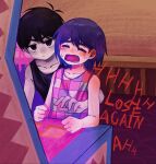  2boys arcade_cabinet black_eyes black_hair closed_eyes closed_mouth collarbone colored_skin crying english_text expressionless fang highres indoors kel_(omori) linglanjunying multiple_boys omori omori_(omori) open_mouth purple_hair short_hair tank_top white_skin 