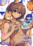  2boys absurdres basketball blush bright_pupils brown_eyes brown_hair can character_name collarbone dark-skinned_male dark_skin dog food fruit grin happy_birthday hat hector_(omori) highres holding holding_can kel_(omori) looking_at_viewer miniboy multiple_boys omori orange_(fruit) orange_slice parted_lips party_hat pet_rock purple_eyes purple_hair shio_0585 short_hair smile teeth white_pupils 