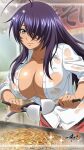  1girl :3 antenna_hair breasts cleavage closed_mouth collarbone collared_shirt cooking copyright_name dress_shirt grey_eyes hair_over_one_eye highres holding ikkitousen kan&#039;u_unchou large_breasts leaning_forward long_hair looking_at_viewer official_art open_clothes open_shirt partially_unbuttoned purple_hair red_skirt shiny shiny_hair shirt skirt smile solo straight_hair very_long_hair wet wet_clothes wet_shirt white_shirt wing_collar 