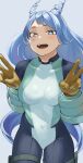  1girl absurdres blue_bodysuit blue_eyes blue_hair bodysuit boku_no_hero_academia bright_pupils covered_navel drill_hair fengling_(furin-jp) gloves green_bodysuit grey_background grin hadou_nejire hair_horns hands_up highres long_hair looking_at_viewer multicolored_bodysuit multicolored_clothes open_mouth simple_background skin_tight smile solo standing superhero thigh_strap v very_long_hair white_pupils yellow_gloves 