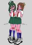  2girls alternate_hairstyle anna_(aannnaa3) asui_tsuyu bangs black_eyes blue_socks blush boku_no_hero_academia bow-shaped_hair brown_eyes brown_hair closed_mouth collared_shirt commentary_request finger_to_mouth fingers_to_mouth folded_ponytail full_body green_hair green_skirt grey_background hair_between_eyes hair_rings highres looking_at_viewer multiple_girls necktie own_hands_together pleated_skirt red_necktie romaji_text school_uniform shirt shoes short_sleeves sidelocks simple_background skirt sneakers socks standing u.a._school_uniform uraraka_ochako white_footwear white_shirt 