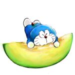  1:1 2020 anthro blue_body blue_fur domestic_cat doraemon doraemon_(character) eating eyes_closed felid feline felis food fur machine male mammal mouth_closed mt_tg red_nose robot shaded simple_background solo whiskers white_background white_body white_fur 