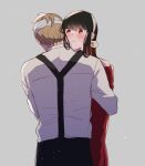  1boy 1girl bandaged_head bandages black_hair blonde_hair blush embarrassed hug husband_and_wife long_hair long_sleeves nako_(5a64_sf) red_eyes short_hair simple_background spy_x_family suspenders sweatdrop sweater twilight_(spy_x_family) wavy_mouth yor_briar 