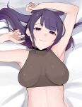  1girl bare_arms bed_sheet breasts closed_mouth covered_collarbone crop_top hololive hololive_english koupi_(ku_roiko) ku_roiko large_breasts long_hair looking_at_viewer lying on_back purple_eyes purple_hair skin_tight smile solo takodachi_(ninomae_ina&#039;nis) upper_body 