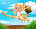 1girl :d absurdres animal_feet animal_hands bell blonde_hair blue_sky blush bra breasts cloud commentary_request commission criss-cross_halter day fang fox_girl fox_hat fox_tail full_body grass halterneck highres holding holding_staff looking_at_viewer medium_breasts moonlight_flower navel notora open_mouth outdoors panties ragnarok_online red_eyes running second-party_source short_hair skeb_commission skin_fang sky smile solo staff tail underwear yellow_bra yellow_panties 