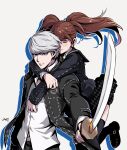  1boy 1girl absurdres bangs brown_hair closed_eyes colored_shadow da-cart grey_eyes highres holding holding_sword holding_weapon hug hug_from_behind katana kujikawa_rise looking_at_viewer narukami_yuu persona persona_4 persona_4:_the_ultimate_in_mayonaka_arena persona_4:_the_ultimax_ultra_suplex_hold school_uniform shadow smile sword twintails watermark weapon yasogami_school_uniform 