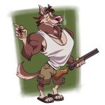  1:1 alcohol anthro armpit_hair beer beverage beverage_can black_clothing black_footwear black_shoes body_hair bottomwear brown_body brown_fur canid canine canis cargo_shorts cigarette claws clothed clothing footwear fur green_background gun hat headgear headwear holding_beverage holding_object khaki_shorts male mammal muscular muscular_anthro muscular_male pecs pink_nose ranged_weapon sandals shirt shorts simple_background smoking solo tan_body tan_fur tank_top topwear underwear weapon white_clothing white_shirt white_tank_top white_topwear white_underwear wolf yellow_sclera zurdomon 