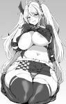  1girl absurdres antenna_hair areola_slip azur_lane belt blush breasts clothing_cutout covered_nipples cropped_shirt earpiece gloves greyscale half_gloves highres hotate-chan large_areolae large_breasts long_hair looking_at_viewer monochrome multicolored_hair navel official_alternate_costume panties panty_straps prinz_eugen_(azur_lane) prinz_eugen_(final_lap)_(azur_lane) pussy pussy_peek race_queen streaked_hair thick_thighs thighhighs thighs two-tone_skirt two_side_up underboob underboob_cutout underwear white_belt 