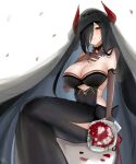  1girl azur_lane black_dress black_hair bouquet breasts bridal_veil cleavage clothing_cutout dress elbow_gloves friedrich_der_grosse_(azur_lane) friedrich_der_grosse_(zeremonie_of_the_cradle)_(azur_lane) gloves hand_on_own_chest holding holding_bouquet horns jewelry large_breasts long_hair petals ring sitting solo stomach_cutout veil wedding_dress wedding_ring winter_eclipse 