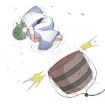  1girl barefoot brown_hair bucket dress ejection faceless faceless_female fetal_position from_side hair_bobbles hair_ornament highres kisume knees_to_chest midair peroponesosu. rope simple_background solo tagme touhou white_background white_dress wide_sleeves wooden_bucket 