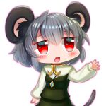  1girl animal_ear_fluff animal_ears bangs blush breasts commentary_request cookie_(touhou) cowboy_shot crystal derivative_work grey_hair grey_skirt grey_vest jewelry long_sleeves mouse_ears mouse_girl mouse_tail nazrin nua_(subeteadan199806020922) nyon_(cookie) open_mouth pendant red_eyes shirt short_hair simple_background skirt skirt_set small_breasts smile solo tail touhou vest white_background white_shirt 