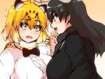  2girls animal_ears antlers arm_grab bangs black_hair blonde_hair blush bow bowtie breasts brown_hair center_frills commentary_request elbow_gloves eye_contact flying_sweatdrops frills fur_scarf furrowed_brow gloves hair_between_eyes hands_up holding_another&#039;s_wrist isna_(footprintsofisna) jaguar_(kemono_friends) jaguar_ears jaguar_print kemono_friends large_breasts long_hair long_sleeves looking_at_another medium_hair moose_(kemono_friends) multicolored_hair multiple_girls nervous open_mouth parted_bangs print_gloves scarf shirt smile sparkle sweater upper_body yellow_eyes 