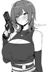  1girl absurdres bangs bare_shoulders blush breasts cleavage cleavage_cutout clothing_cutout elbow_gloves fingerless_gloves gloves greyscale gun handgun highres holding holding_gun holding_weapon hotate-chan large_breasts medium_hair monochrome original solo translated upper_body weapon 