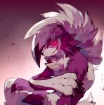  2017 3_fingers ambiguous_gender anthro black_nose canid canine cheek_tuft chest_tuft claws egggaol facial_tuft finger_claws fingers fur generation_7_pokemon glowing glowing_eyes hair hi_res looking_at_viewer lycanroc mammal midnight_lycanroc multicolored_body multicolored_fur multicolored_hair nintendo pokemon pokemon_(species) red_body red_eyes red_fur simple_background solo tuft two_tone_body two_tone_fur two_tone_hair video_games white_body white_fur 