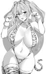  1girl absurdres animal_ears animal_print azur_lane bangs bikini blush breasts bremerton_(azur_lane) chinese_zodiac cleavage collar covered_nipples fang greyscale highres hotate-chan large_breasts legs_together looking_at_viewer mole mole_on_breast mole_under_eye monochrome navel navel_piercing paw_pose piercing skindentation solo string_bikini swimsuit tail thick_thighs thighhighs thighs tiger_ears tiger_girl tiger_print tiger_tail twintails year_of_the_tiger 