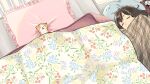  1girl animal brown_hair cat commentary_request floral_print from_above highres indoors kojiro337 lying medium_hair on_bed on_side original pillow sleeping solo stuffed_animal stuffed_toy sweatdrop teddy_bear under_covers 