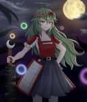  1other absurdres androgynous danmaku elbow_gloves full_moon gloves greatsword green_hair hakama hakama_short_skirt hakama_skirt highres holding holding_sword holding_weapon huge_weapon japanese_clothes len&#039;en long_hair looking_at_viewer moon night night_sky outdoors pointy_ears red_eyes shoulder_pads skirt sky solo sword taira_no_fumikado temshi very_long_hair weapon 