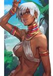  1girl armband bare_shoulders bikini blue_eyes bracelet breasts earrings elena_(street_fighter) grey_hair hungry_clicker jewelry neck_ring short_hair smile solo street_fighter street_fighter_iii_(series) swimsuit white_bikini 