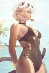  animal_humanoid anthro breasts cleavage clothed clothing female green_eyes haplorhine humanoid jeibon mammal mammal_humanoid monkey monkey_humanoid one-piece_swimsuit primate primate_humanoid side_boob solo swimwear tongue tongue_out 