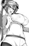  1girl absurdres bangs blush breasts clothes_lift covered_nipples double_bun greyscale hair_between_eyes hair_bun hat highres hotate-chan large_breasts lifted_by_self long_hair monochrome navel open_mouth pantyhose pokemon pokemon_(game) pokemon_bw2 raglan_sleeves rosa_(pokemon) shirt shirt_lift shorts simple_background solo twintails visor_cap 