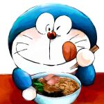  2020 anthro blue_body blue_fur bowl chopsticks container domestic_cat doraemon doraemon_(character) felid feline felis food fur holding_chopsticks holding_object licking looking_at_food looking_at_object machine male mammal mouth_closed mt_tg noodles one_eye_closed ramen red_nose robot shaded solo tongue tongue_out whiskers white_body white_fur 
