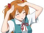  1girl absurdres ah_eto..._bleh_(meme) blush breasts closed_eyes highres meme neon_genesis_evangelion orange_hair red_ribbon ribbon school_uniform simple_background souryuu_asuka_langley t-lex tokyo-3_middle_school_uniform tongue tongue_out white_background 