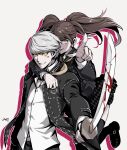  1boy 1girl absurdres bangs blood blood_on_face blood_on_weapon brown_hair colored_shadow da-cart evil_smile highres holding holding_sword holding_weapon hug hug_from_behind katana kujikawa_rise looking_at_viewer narukami_yuu persona persona_4 persona_4:_the_ultimate_in_mayonaka_arena persona_4:_the_ultimax_ultra_suplex_hold pointing pointing_at_viewer school_uniform shadow shadow_rise shadow_yu smile sword twintails watermark weapon yasogami_school_uniform yellow_eyes 