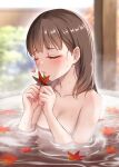  1girl bangs bath blurry blurry_background blush breasts brown_hair cleavage closed_eyes collarbone completely_nude heart highres holding holding_leaf i_am_homeko idolmaster idolmaster_cinderella_girls leaf leaf_on_liquid maple_leaf medium_hair nape nude ofuro partially_submerged reflection reflective_water refraction sakuma_mayu small_breasts solo steam wooden_wall 