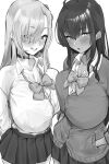  2girls absurdres arms_behind_back asuna_(blue_archive) bangs blue_archive blush bow bowtie breast_press breasts collared_shirt commentary_request dark-skinned_female dark_skin greyscale grin hair_over_one_eye hand_in_pocket highres hotate-chan huge_breasts karin_(blue_archive) long_hair looking_at_viewer miniskirt mole mole_on_breast monochrome multiple_girls open_mouth pleated_skirt school_uniform shirt skirt smile sweater 