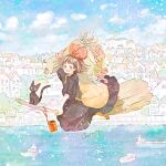  1girl animal black_cat black_dress blue_sky boat bouquet bow broom broom_riding brown_eyes brown_hair building carrying_bag cat cityscape cloud day dress floating_hair flower flying hair_bow highres kiki_(majo_no_takkyuubin) landscape leaf light_particles looking_at_viewer majo_no_takkyuubin momochy ocean open_mouth pastel_colors pink_flower pink_rose pink_tulip plant red_bow red_flower red_rose rose ship short_hair sky studio_ghibli town tree tulip water watercraft yellow_bag 
