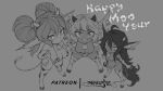  16:9 animal_print areola areola_slip big_breasts bikini breasts clothing cow_print ear_tag female group hair high-angle_view horn humanoid humanoid_pointy_ears inner_ear_fluff league_of_legends legwear long_ears long_hair lulu_(lol) mayhem_(artist) micro_bikini monochrome pigtails poppy_(lol) riot_games swimwear thick_thighs thigh_highs trio tristana_(lol) tuft video_games wide_hips widescreen yordle 