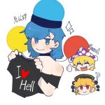  3girls ? alternate_eye_color alternate_hair_color bangs black_choker black_headwear black_shirt blonde_hair blue_eyes blue_hair chinese_commentary chinese_text choker closed_eyes closed_mouth clownpiece commentary_request english_text flat_chest hat hecatia_lapislazuli holding holding_clothes holding_shirt jester_cap junko_(touhou) medium_hair multiple_girls no_nose open_mouth purple_headwear red_eyes sharp_teeth shengxian_miaomiao_cui shirt smile teeth touhou translation_request 