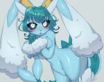  anthro big_breasts blue_body blush bodily_fluids breasts eeveelution existenc3 featureless_crotch female generation_1_pokemon generation_4_pokemon grey_background hi_res hybrid lopunny nintendo pokemon pokemon_(species) simple_background solo sweat thick_thighs vaporeon video_games 