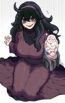  1girl @_@ alternate_breast_size bangs black_eyes black_hair black_sweater blush bottle breasts dress flying_sweatdrops hair_between_eyes hairband hex_maniac_(pokemon) kingbawoon korean_commentary large_breasts long_hair long_sleeves looking_at_viewer messy_hair milk milk_bottle moomoo_milk open_mouth pokemon pokemon_(game) pokemon_xy purple_hairband ribbed_sweater sexually_suggestive simple_background sitting solo sweat sweater 