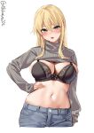  1girl aqua_eyes bismarck_(kancolle) blonde_hair blush bra breasts cleavage clothes_lift cowboy_shot denim ebifurya hair_between_eyes hand_on_hip highres jeans kantai_collection large_breasts long_hair long_sleeves looking_at_viewer midriff navel one-hour_drawing_challenge open_mouth pants ribbed_sweater stomach sweat sweater sweater_lift turtleneck turtleneck_sweater twitter_username underwear white_background 