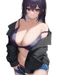  1girl bangs black_jacket blue_eyes blue_shorts blush bra breasts cleavage clothes_pull jacket korean_commentary large_breasts long_hair long_sleeves looking_at_viewer momera off_shoulder open_clothes open_jacket original panties purple_bra purple_hair purple_panties shorts shorts_pull simple_background smile solo underwear white_background 