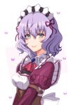  1girl artist_name azumishard brooch bug butterfly eiyuu_densetsu english_commentary green_eyes hajimari_no_kiseki jewelry looking_at_viewer maid maid_headdress portrait purple_hair sen_no_kiseki sharon_kreuger simple_background smile solo upper_body wavy_hair 